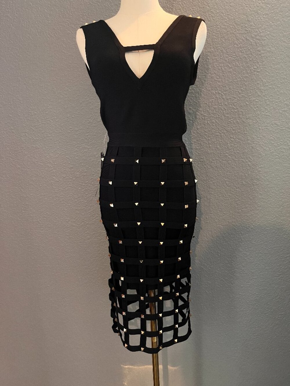 Bebe Sia Cage Skirt Bandage Dress Black Gold Studded Midi - New with Tags - XS